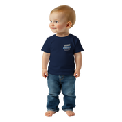 Baby wearing a navy Leoni Cotton Baby Tee for print on demand, showcasing a classic crewneck and relaxed fit for everyday comfort.
