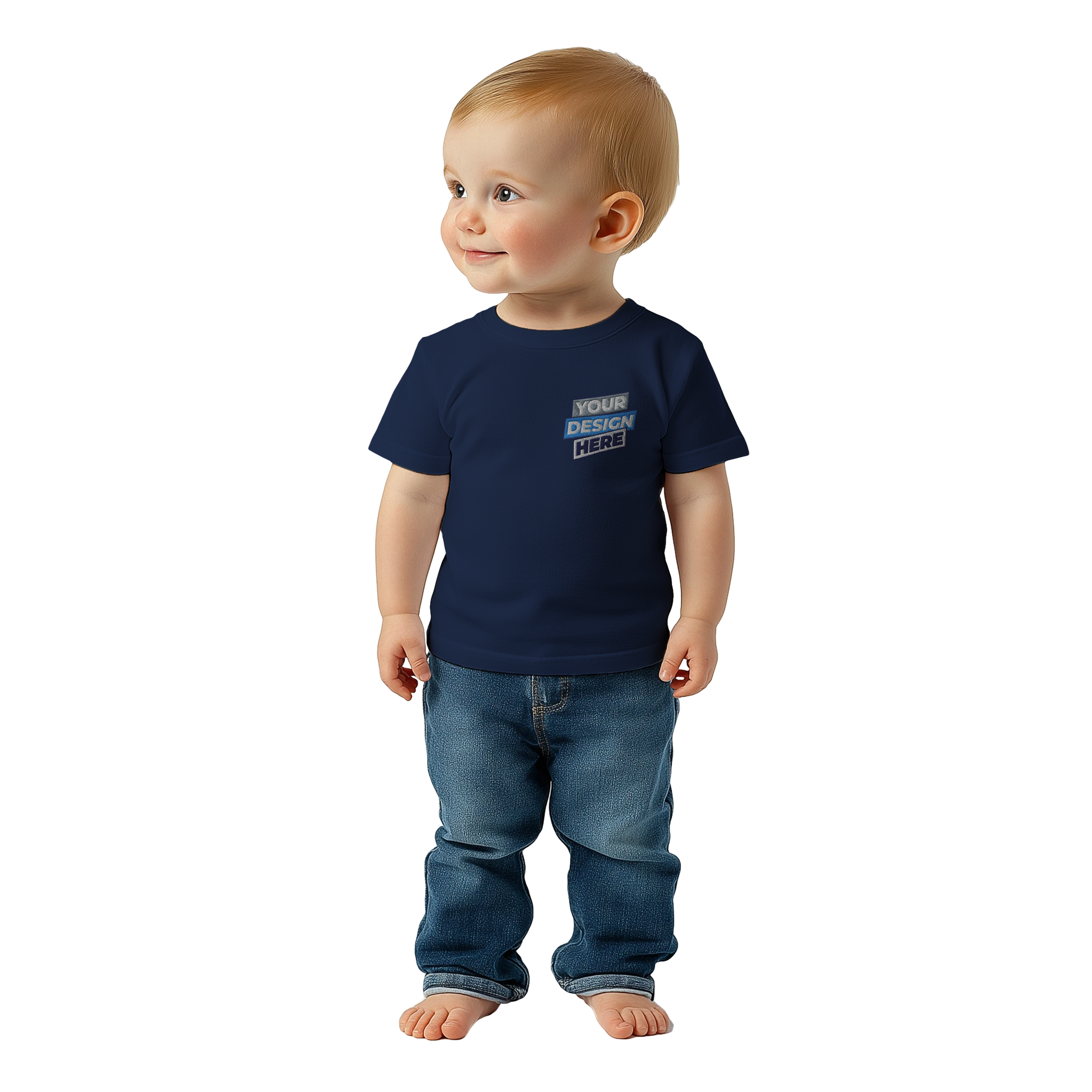 Baby wearing a navy Leoni Cotton Baby Tee for print on demand, showcasing a classic crewneck and relaxed fit for everyday comfort.