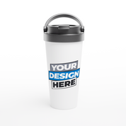 Stainless steel 15oz travel mug with custom design option, featuring double-wall insulation and leak-proof lid, perfect for travel.