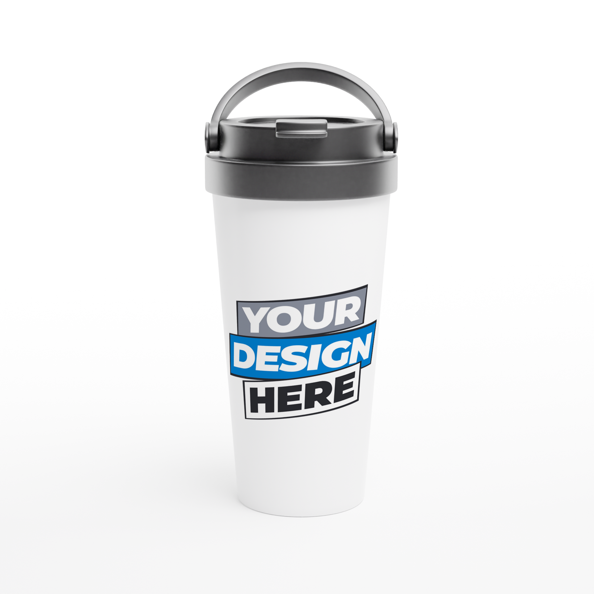 Stainless steel 15oz travel mug with custom design option, featuring double-wall insulation and leak-proof lid, perfect for travel.