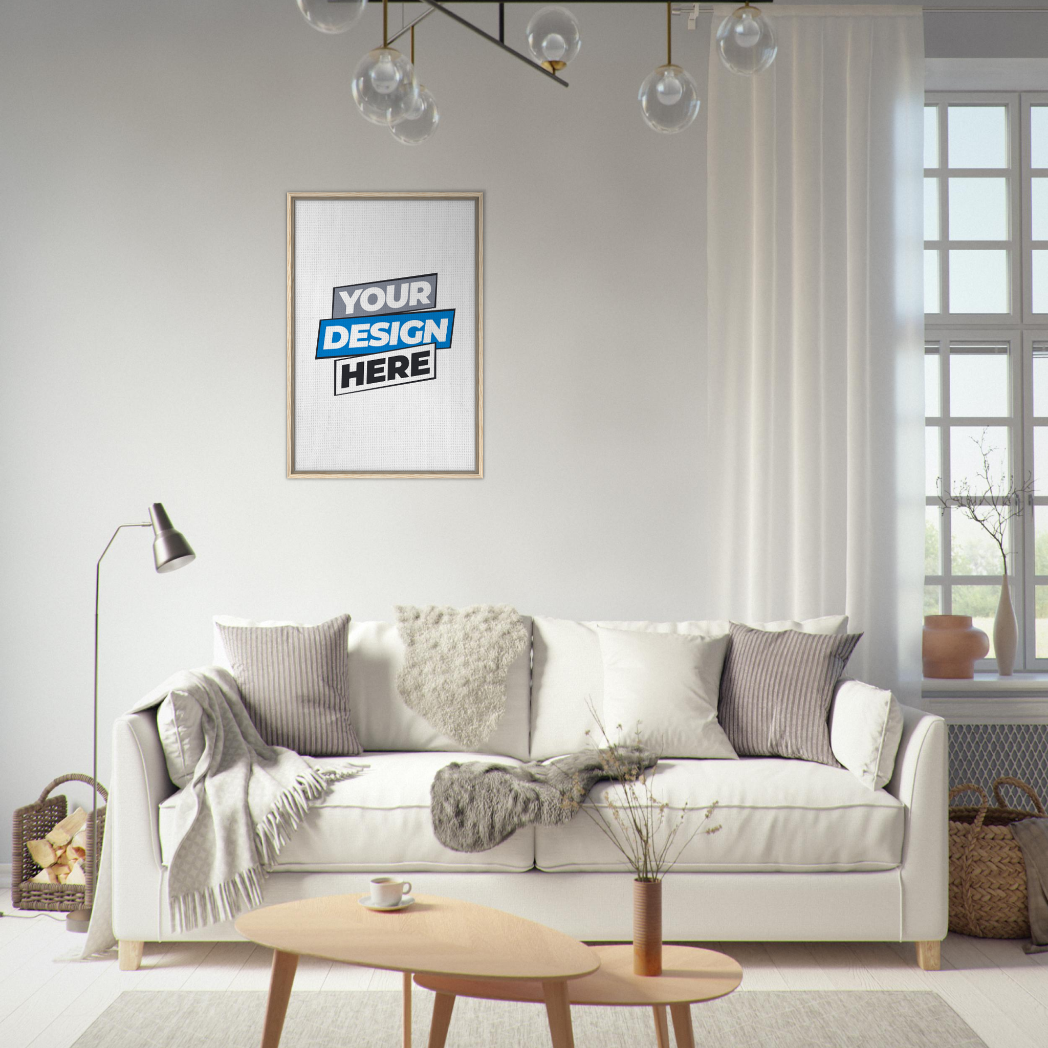 Stylish living room with a customizable framed canvas on the wall, featuring a cozy white sofa, pillows, and natural light.