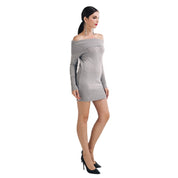 Ardessa grey off-shoulder sweater dress, one-size mini, cozy knit, fits sizes S-L, styled with heels for an elegant look.