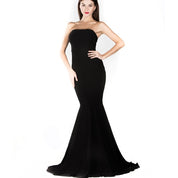 Alt Tag: Velmira Black Mermaid Gown, elegant strapless dress with fitted bodice and flared skirt, perfect for formal occasions and glamorous events.