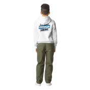 Back view of child wearing white Terylo fleece hoodie with 'Design Here' print, paired with green pants, ideal for everyday play.