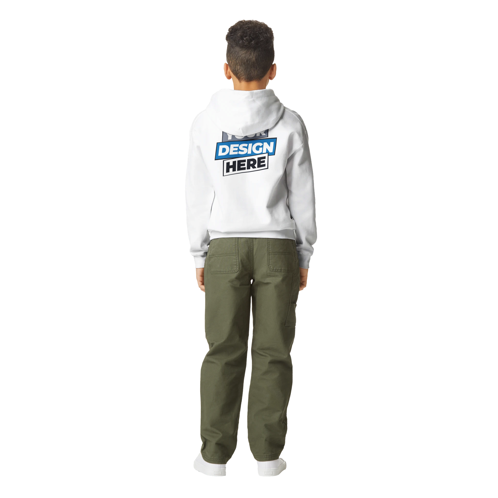 Back view of child wearing white Terylo fleece hoodie with 'Design Here' print, paired with green pants, ideal for everyday play.