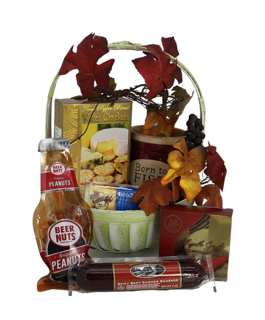 Fishing Enthusiast's Snack Basket with savory treats, mug, crackers, cheese, and nuts, ideal for anglers and outdoor lovers.