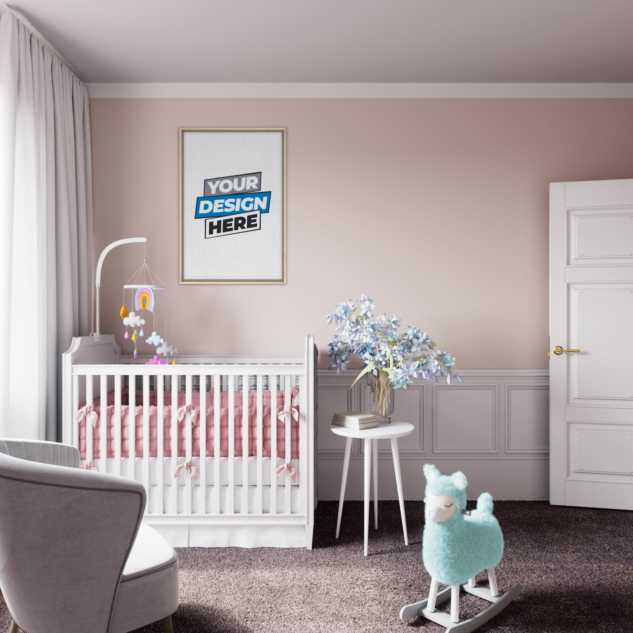 Modern nursery with white crib, pink accents, rocking horse, and customizable framed wall art