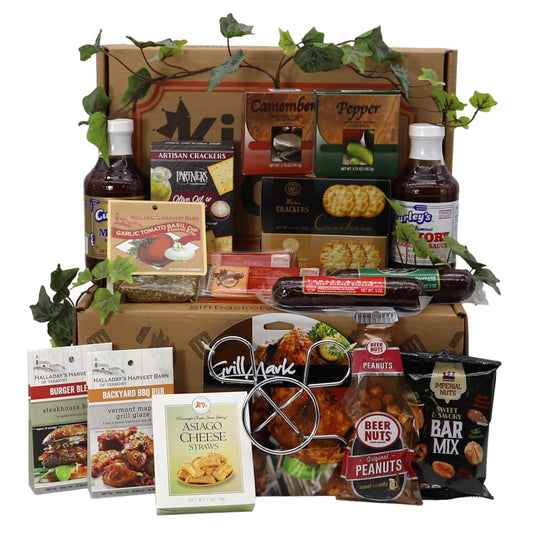 Grill Master's Gourmet Gift Box with BBQ sauces, cheeses, snacks, grilling essentials for barbecue enthusiasts, perfect for outdoor feasts.