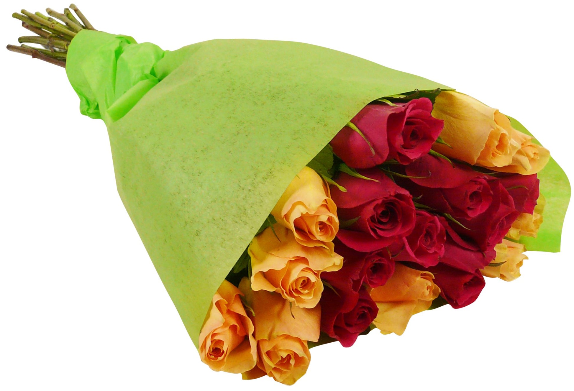 Vibrant multicolored rose bouquet with 18 fresh stems wrapped in green paper, perfect for adding joy to any occasion.