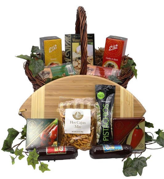 Game Day Gourmet Snack Basket with sausages, cheeses, crackers, nuts, and football-shaped cutting board, perfect for sports fans