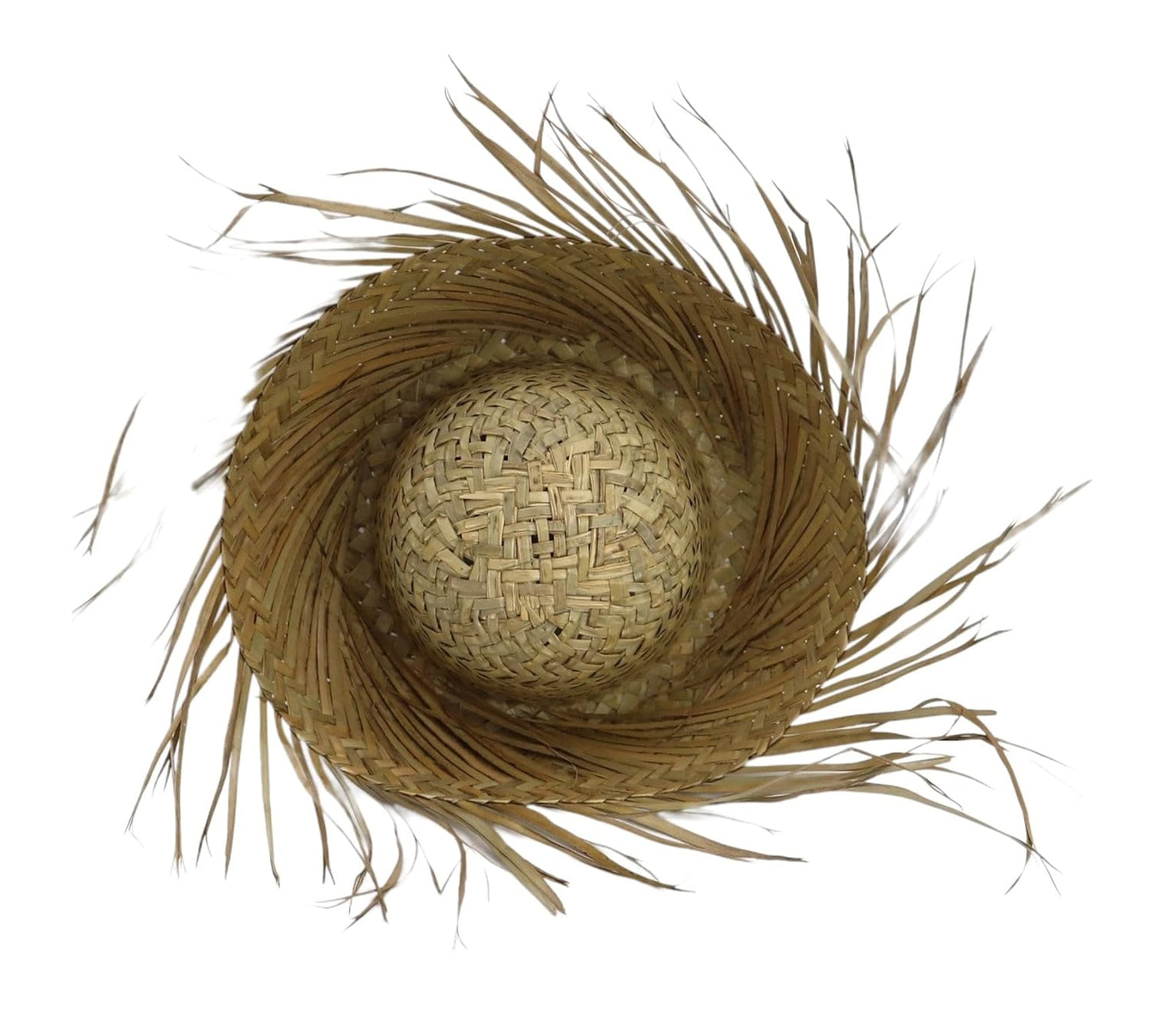 Rustic woven straw hat with fringe, top view.