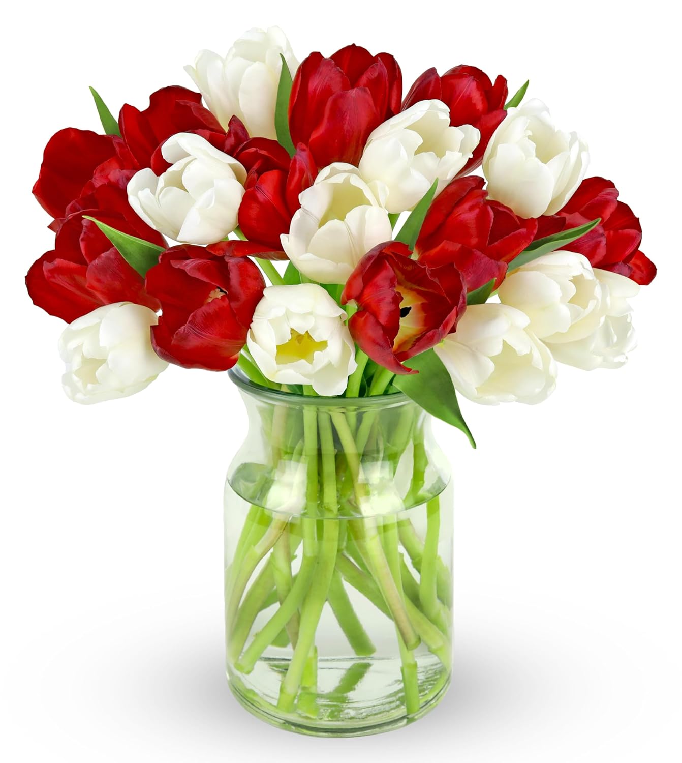 Elegant bouquet of 20 red and white tulips in a glass vase, perfect for celebrations and special occasions.