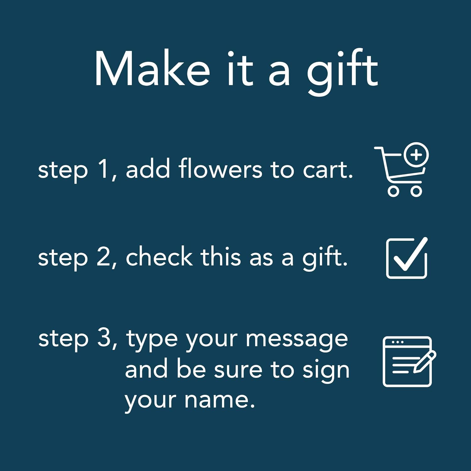 Gift guide for adding flowers to cart, marking as gift, and typing a personalized message.