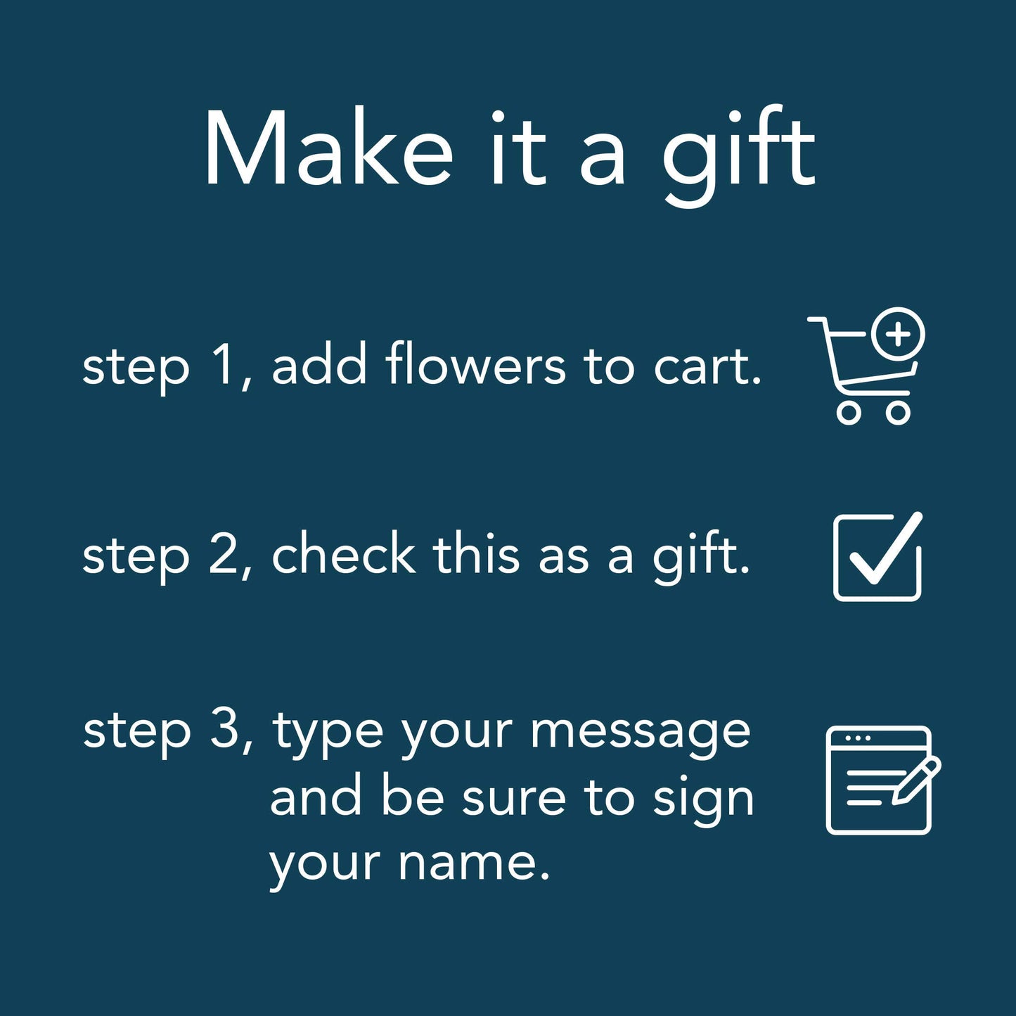 Steps to gift flowers online - add to cart, select as gift, type and sign your message.