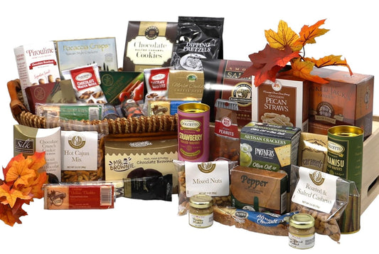 Festive Thanksgiving gift basket with savory snacks, sweet treats, and holiday goodies, perfect for celebrations and family gatherings.