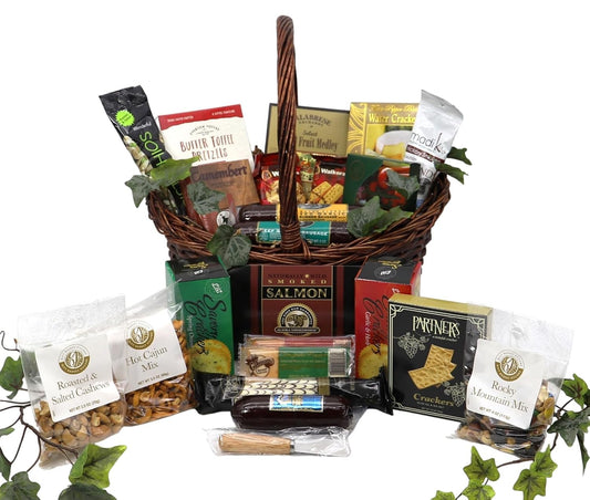 Deluxe Cheese and Sausage Gourmet Basket with Snacks, Nuts, and Sweet Treats for Holidays and Gatherings