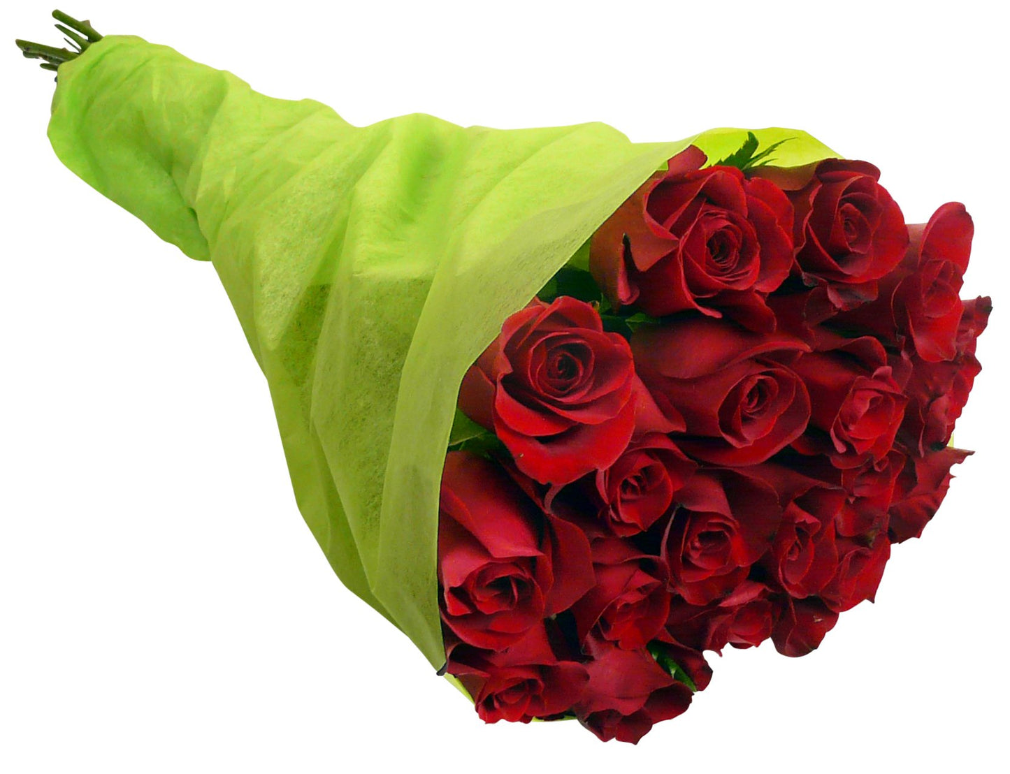 Bouquet of 18 long-stem red roses, wrapped in green, showcasing Rainforest Alliance Certified eco-friendly blossoms.