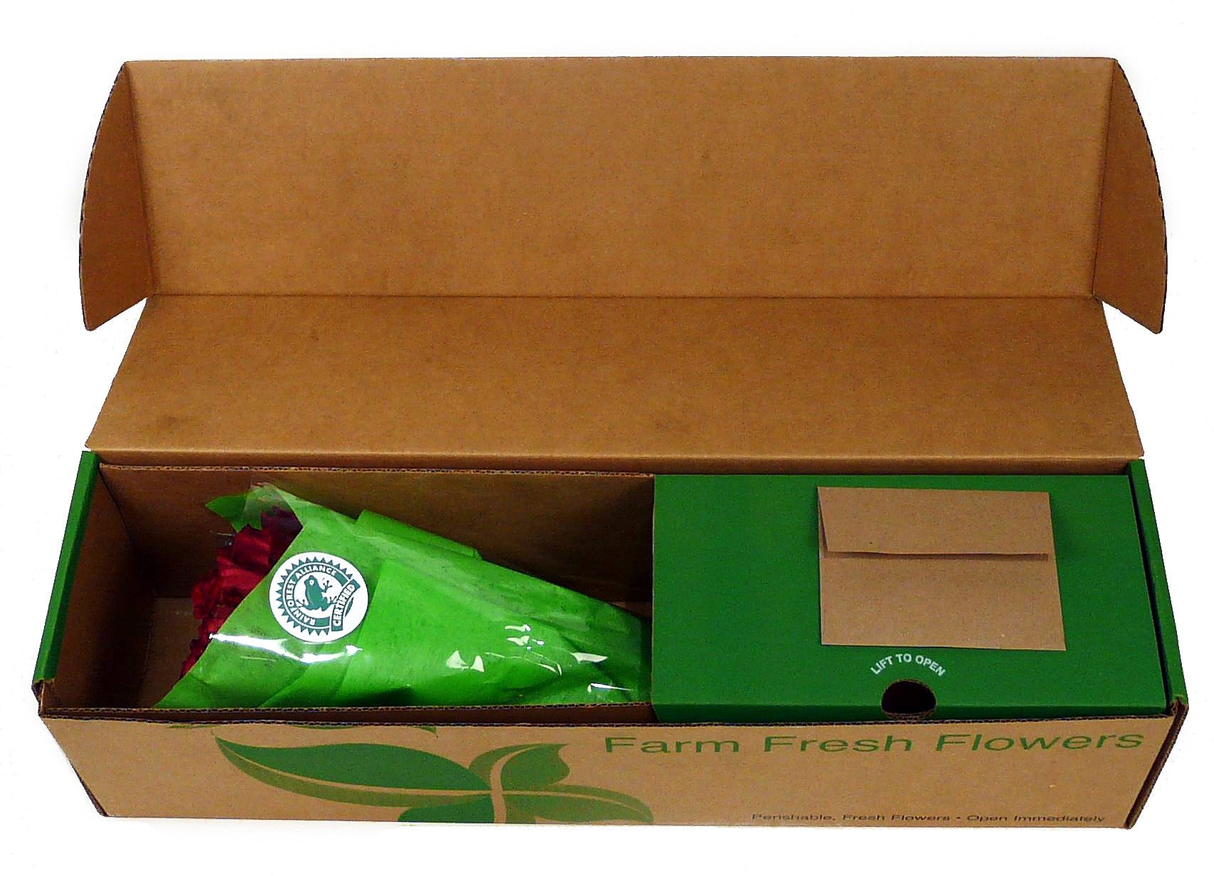 Fresh delivery box with 12 Red Intuition roses, eco-friendly packaging, farm-fresh blooms for weddings, anniversaries, and more.