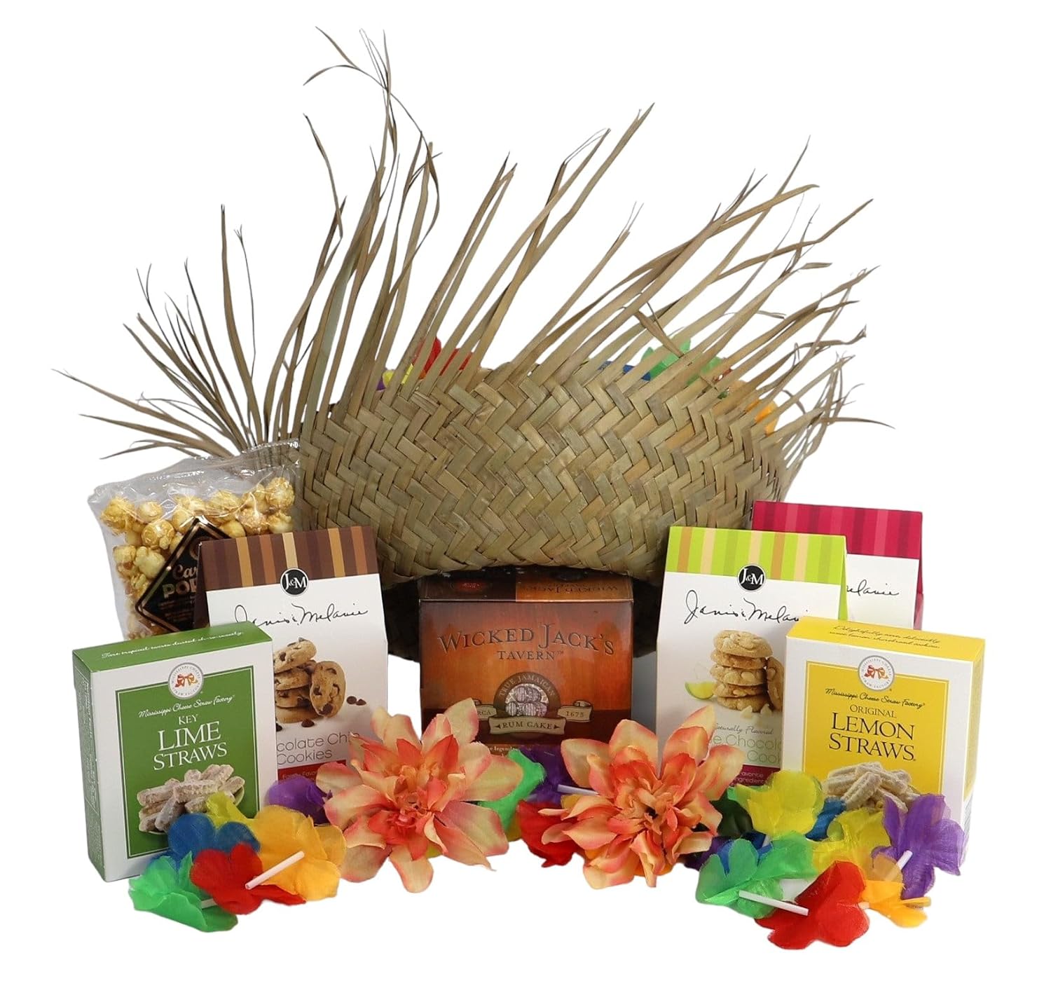 Tropical-themed basket with snacks, cookies, popcorn, and floral decor, perfect for gifting and celebrations.