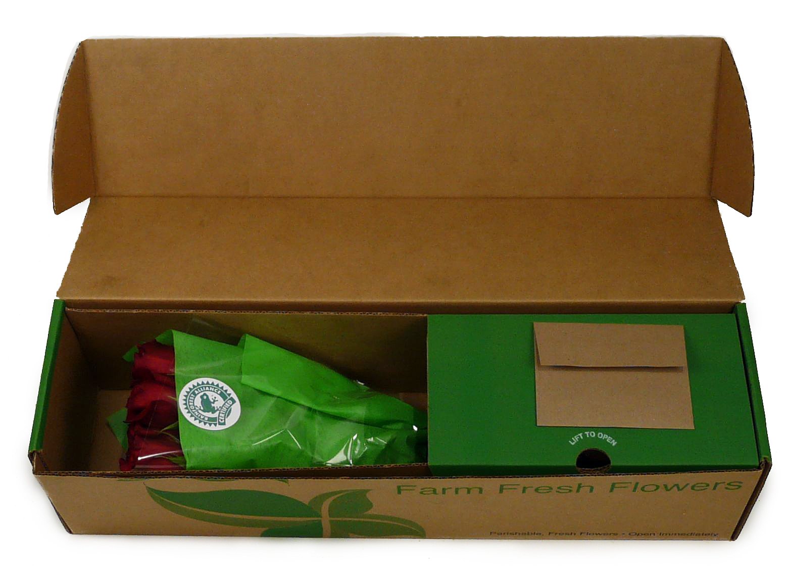 Box of 18 long-stemmed Rainforest Alliance Certified red roses, promoting sustainability and eco-friendly farming practices.