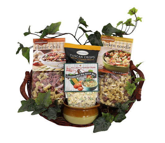 Cozy Comfort Soup Gift Basket with soup mixes, crackers, and a bowl in a decorative basket, perfect for cozy nights and gifting.