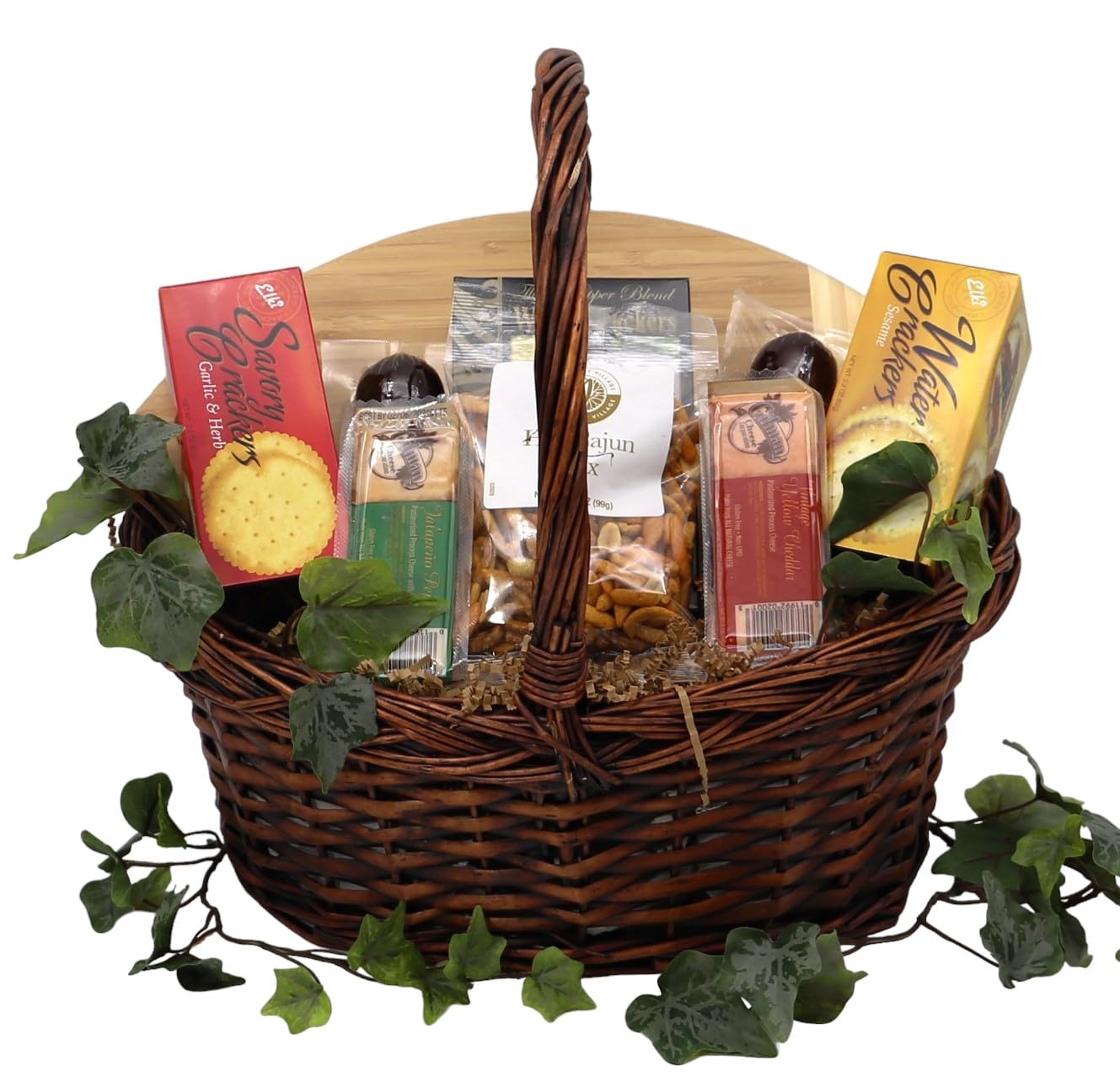 Game Day Gourmet Snack Basket with sausages, cheeses, nuts, crackers, and football cutting board in woven basket. Perfect for sports fans.