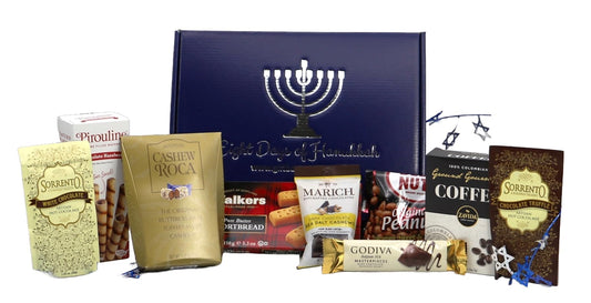 Hanukkah Celebration Gift Box with gourmet sweets and treats, perfect for eight days of joy and festive sharing.