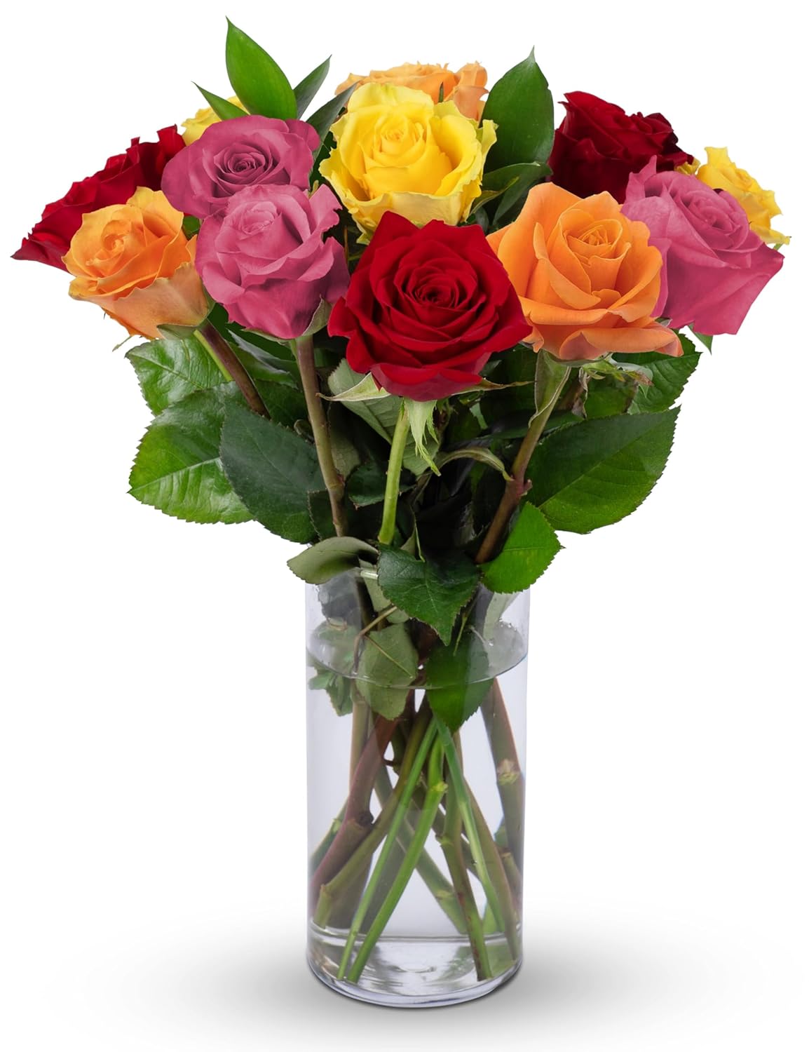 Vibrant rainbow roses bouquet in glass vase, showcasing multicolored fresh blooms. Perfect for celebrations and heartfelt gestures.