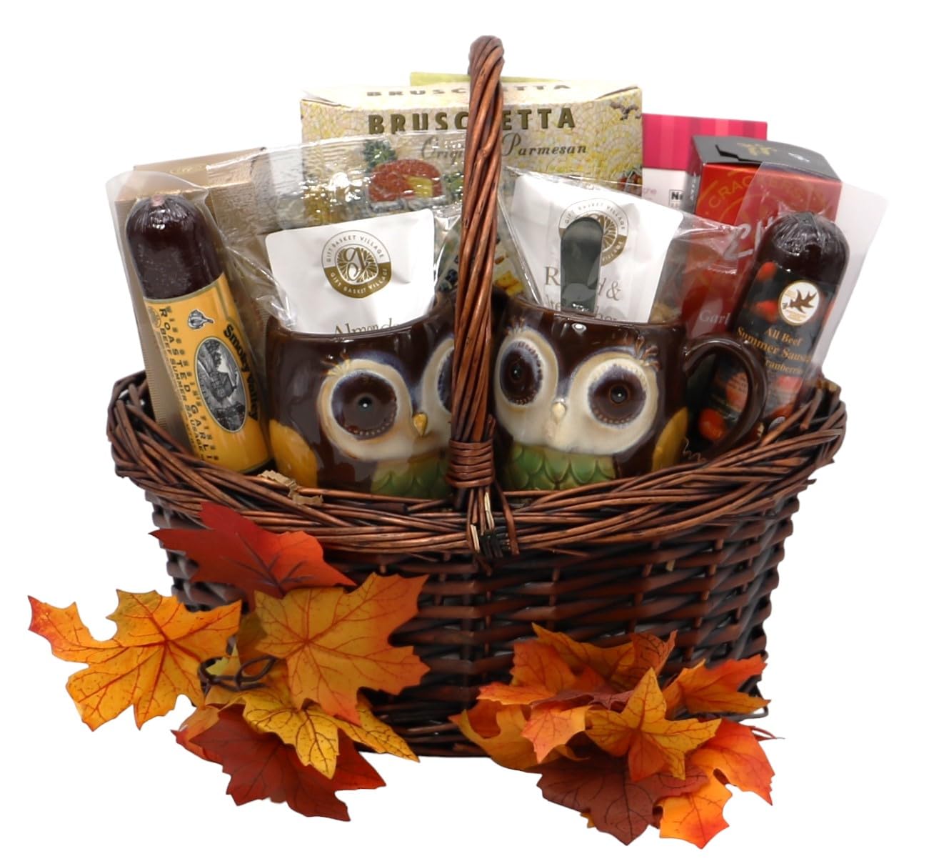 Autumn Harvest Gourmet Gift Basket with owl mugs, snacks, cheese, coffee, and fall leaves perfect for seasonal gatherings.