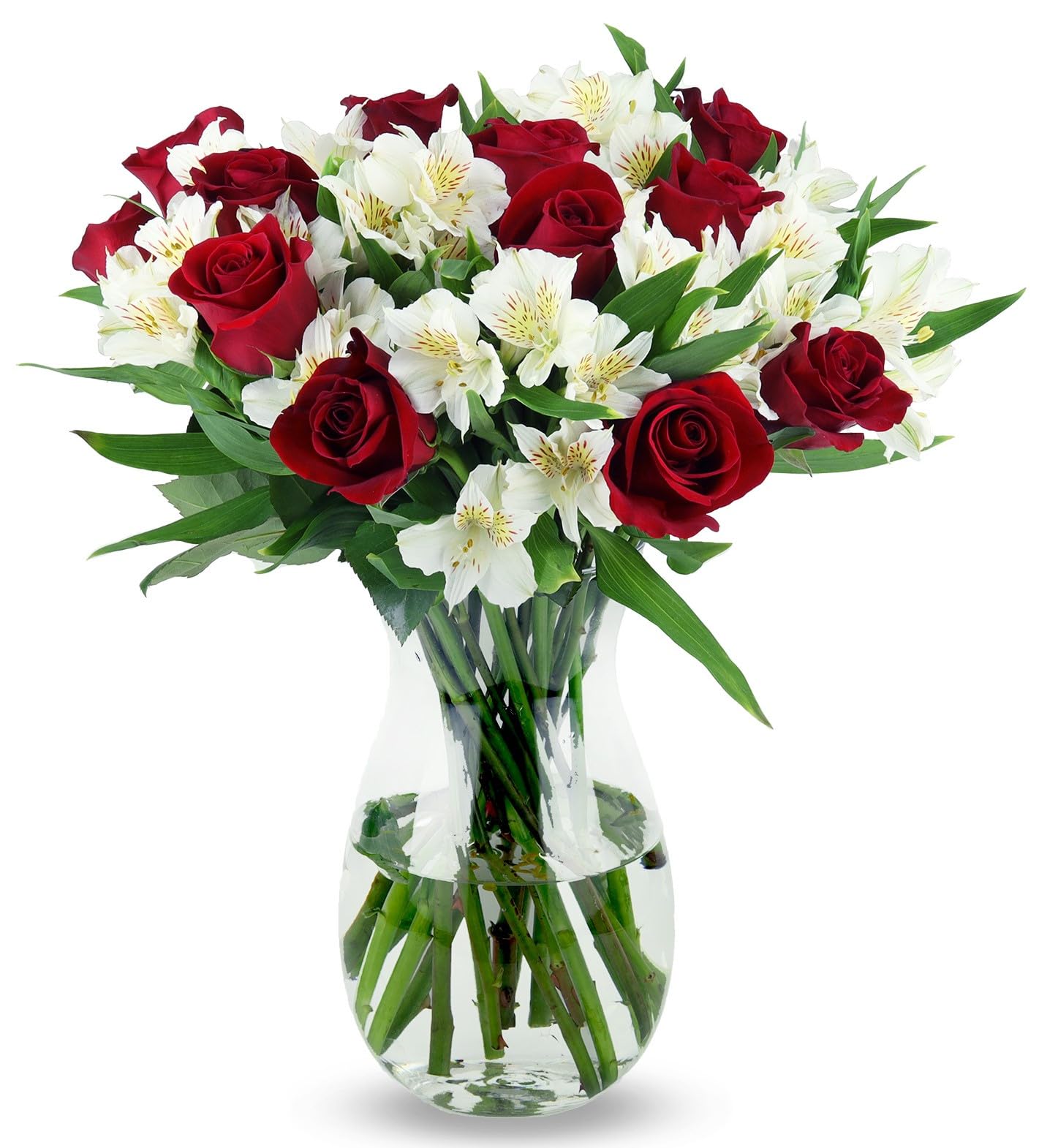 Red roses and white alstroemeria bouquet in a glass vase, showcasing fresh elegant blooms for any occasion.