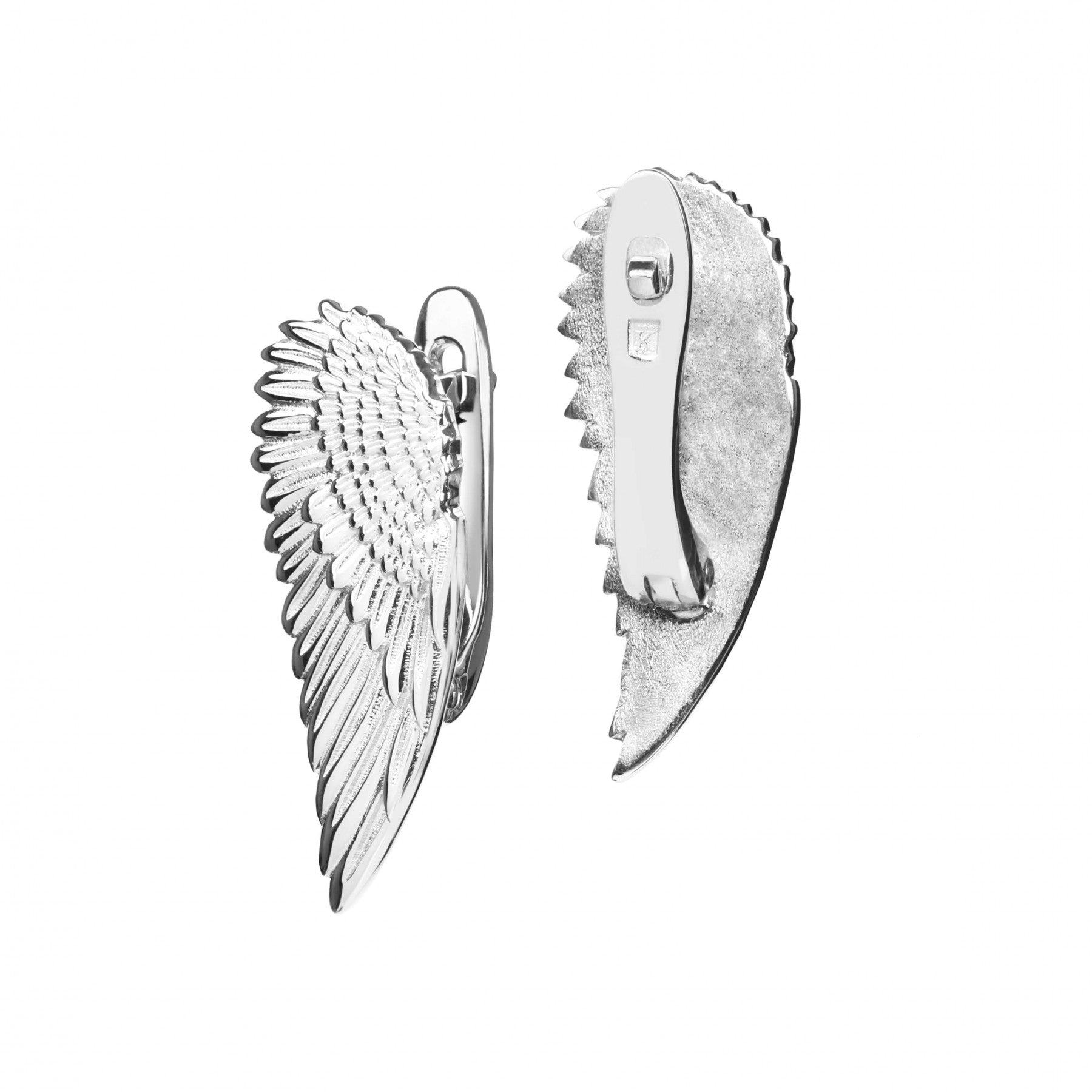 Sterling silver wing-shaped earrings with white rhodium plating, showcasing a detailed and elegant design from the "Regal Grace" collection.