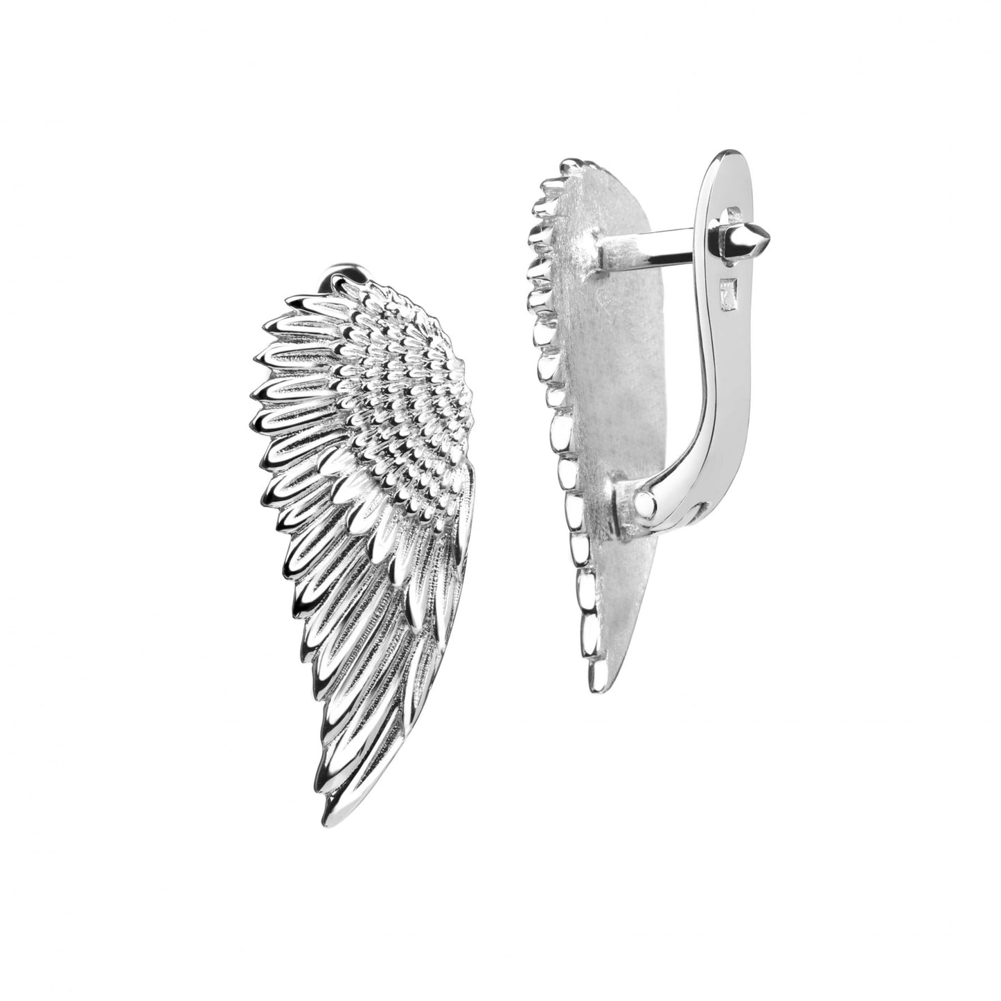 Wing-shaped sterling silver earrings, white rhodium plated, with intricate detailing, designed for elegance and sophistication.