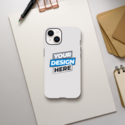 Glossy print on demand tough iPhone case with customizable design, offering dual-layer protection and wireless charging compatibility.