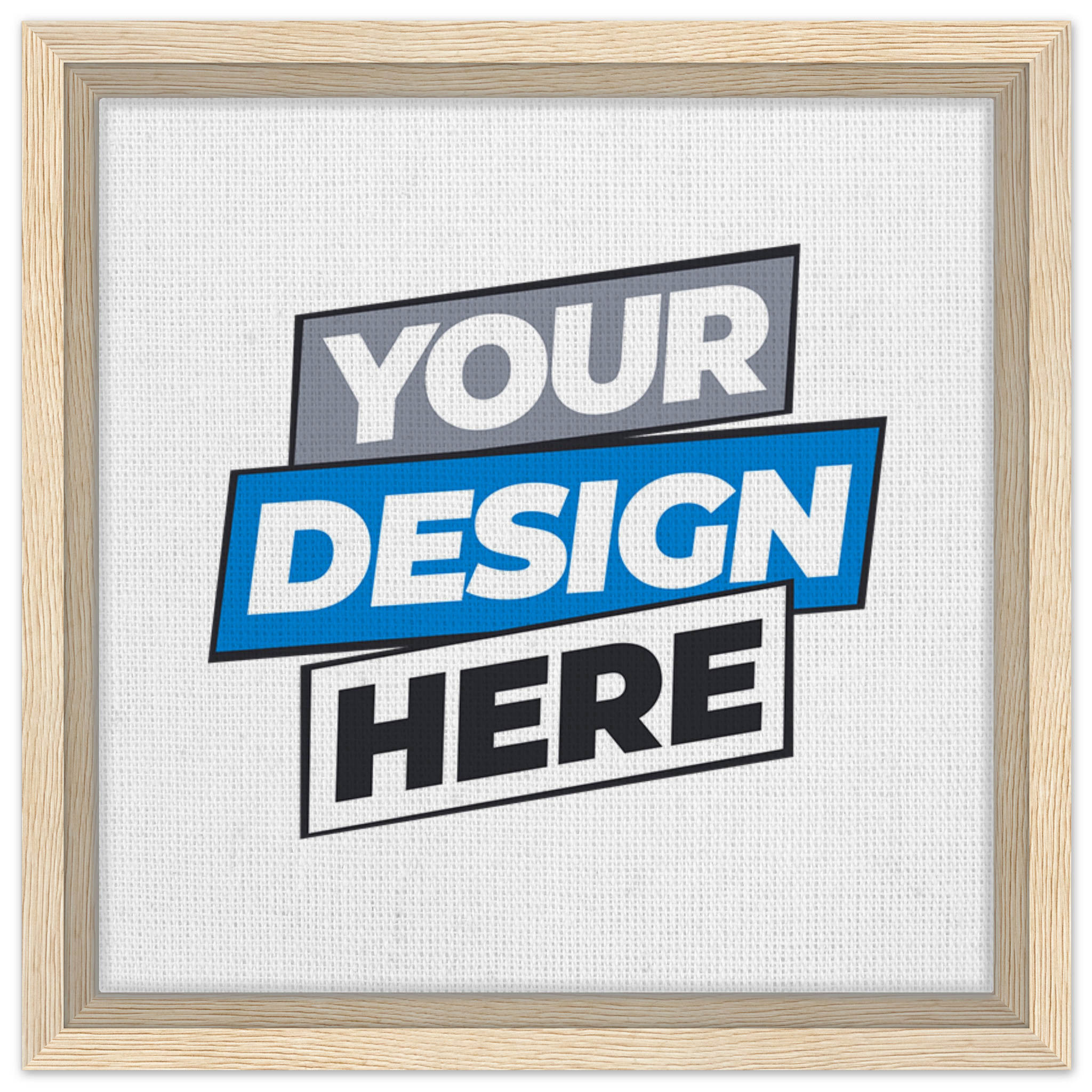 Framed canvas print mockup with customizable design, featuring natural wood frame and space for personalized artwork.