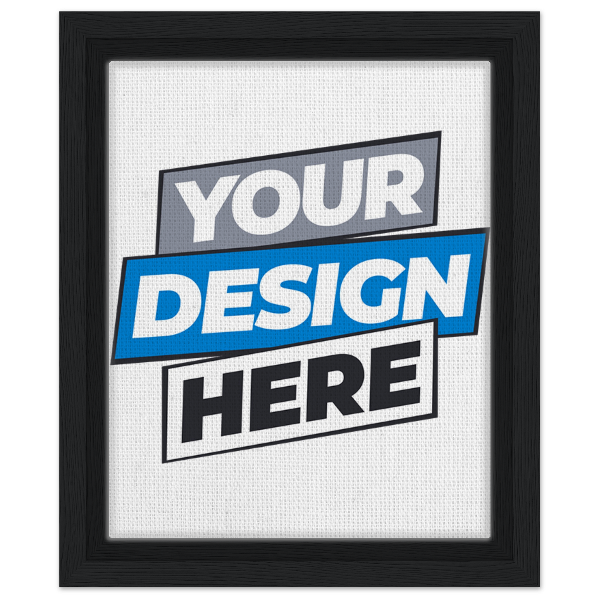 Custom framed canvas with FSC-certified wood, featuring "Your Design Here" text in black frame, perfect for personalized art spaces.