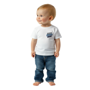 Toddler wearing a customizable white Leoni Cotton Baby Tee with jeans, showcasing breathable comfort and classic crewneck design.