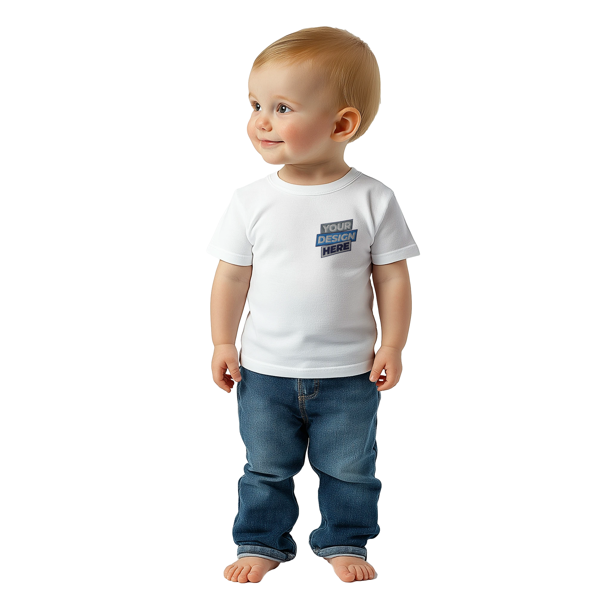 Toddler wearing a customizable white Leoni Cotton Baby Tee with jeans, showcasing breathable comfort and classic crewneck design.