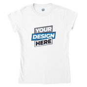Women's cotton t-shirt with customizable print area, semi-fitted silhouette, soft ring-spun cotton, available in sizes S to 3XL.