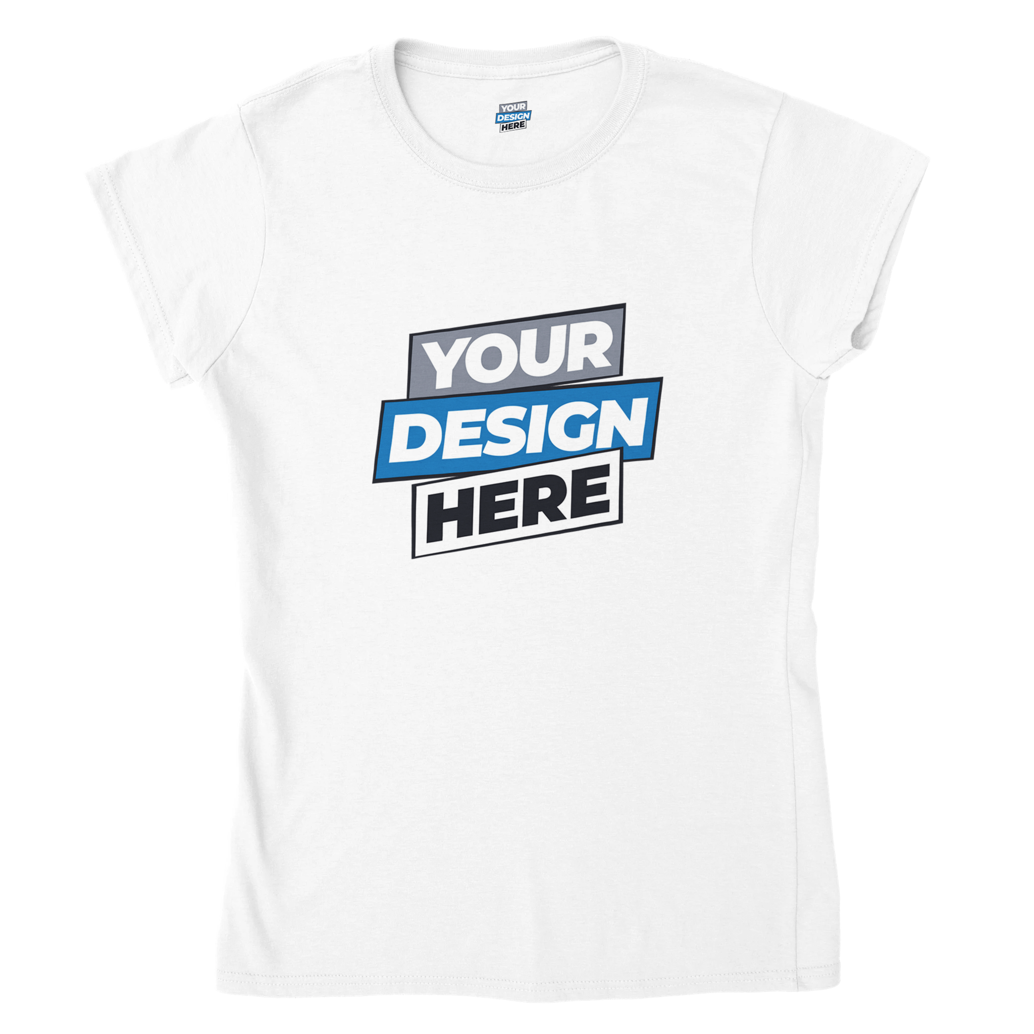Women's cotton t-shirt with customizable print area, semi-fitted silhouette, soft ring-spun cotton, available in sizes S to 3XL.