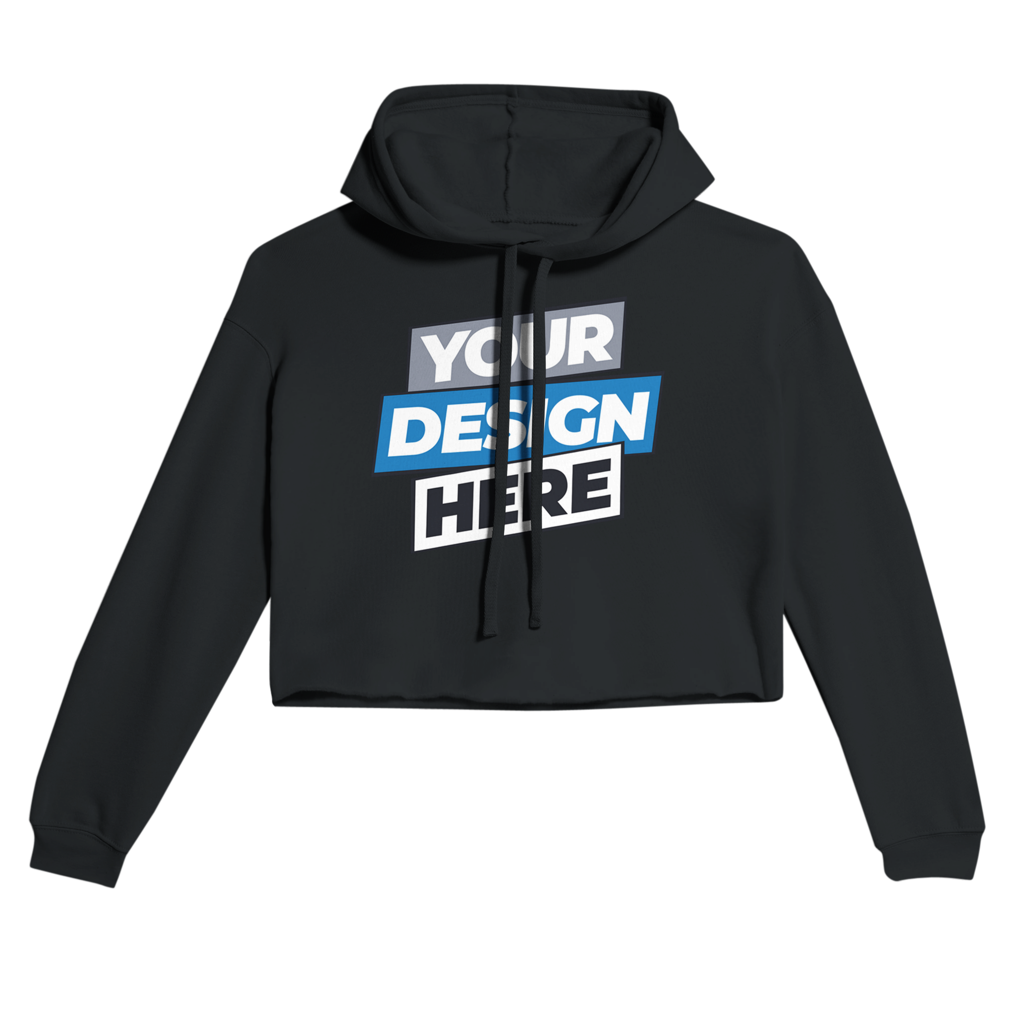 Black Elowen cropped hoodie with customizable design, featuring raw hem and dropped shoulders for streetwear style.