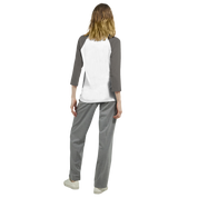 Back view of Mervelle Raglan Sleeve Tee with gray 3/4 sleeves, showcasing comfortable and stylish fit for casual wear.