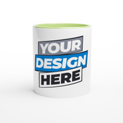 Customizable Irvelle ceramic mug with green accent, perfect for showcasing your unique designs on its glossy white surface.