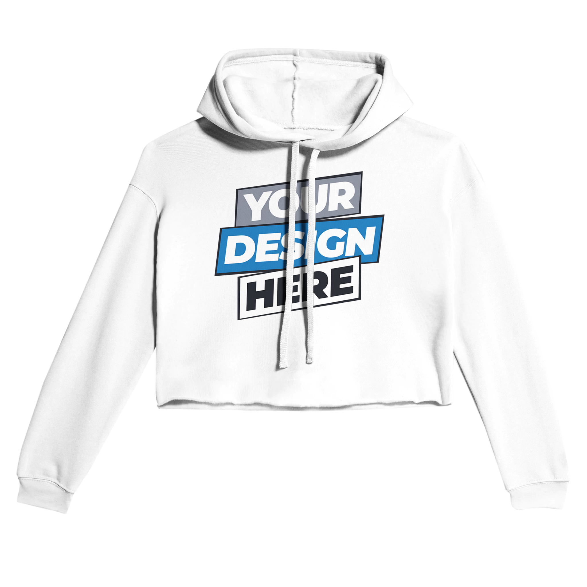Print on Demand Elowen Cropped Hoodie with "Your Design Here" text, featuring a raw hem and drawcord hood for a modern streetwear look.