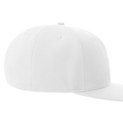 Yarven flat bill cap in white cotton twill with structured high-profile design, green undervisor, and adjustable snapback closure