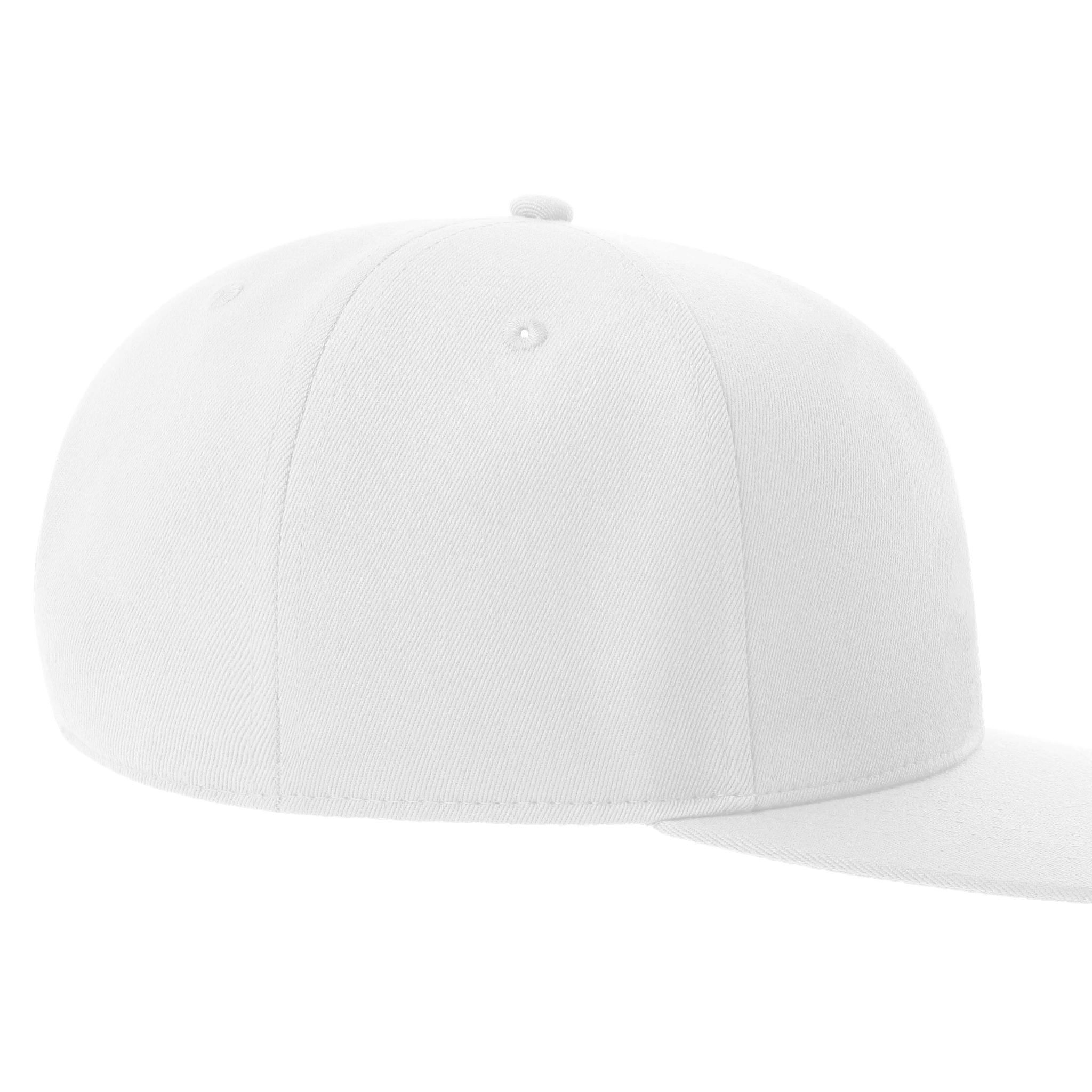 Yarven flat bill cap in white cotton twill with structured high-profile design, green undervisor, and adjustable snapback closure