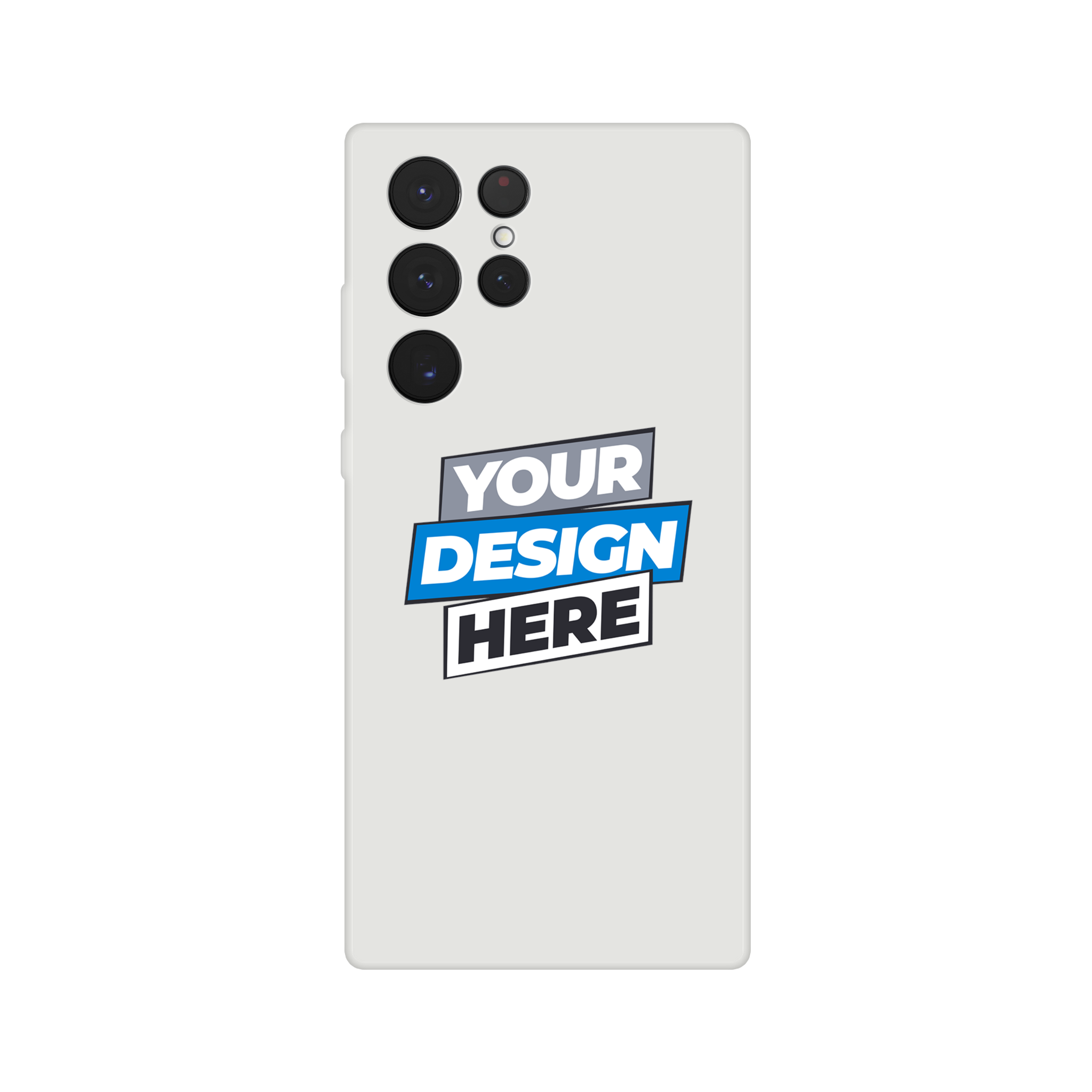 Customizable print on demand transparent flexi phone case with modern design, showcasing "Your Design Here" text on a clear background.
