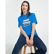 Woman wearing a blue Zalmera cotton t-shirt featuring a customizable print design, showcasing its semi-fitted stylish comfort.