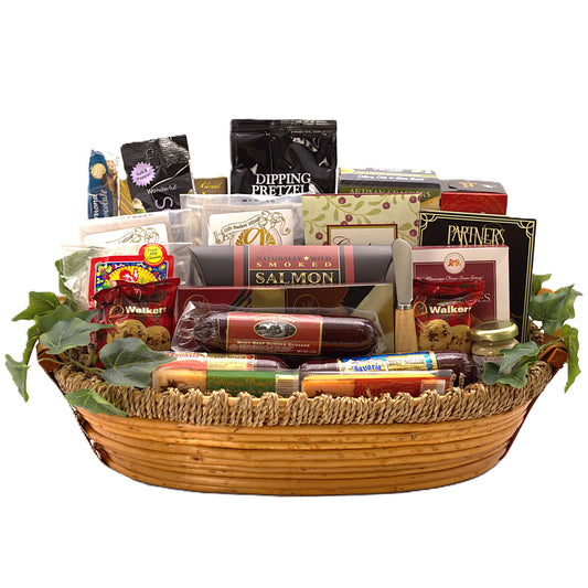 Deluxe gourmet gift basket with cheeses, sausages, nuts, and sweet treats for celebrations and thoughtful occasions.