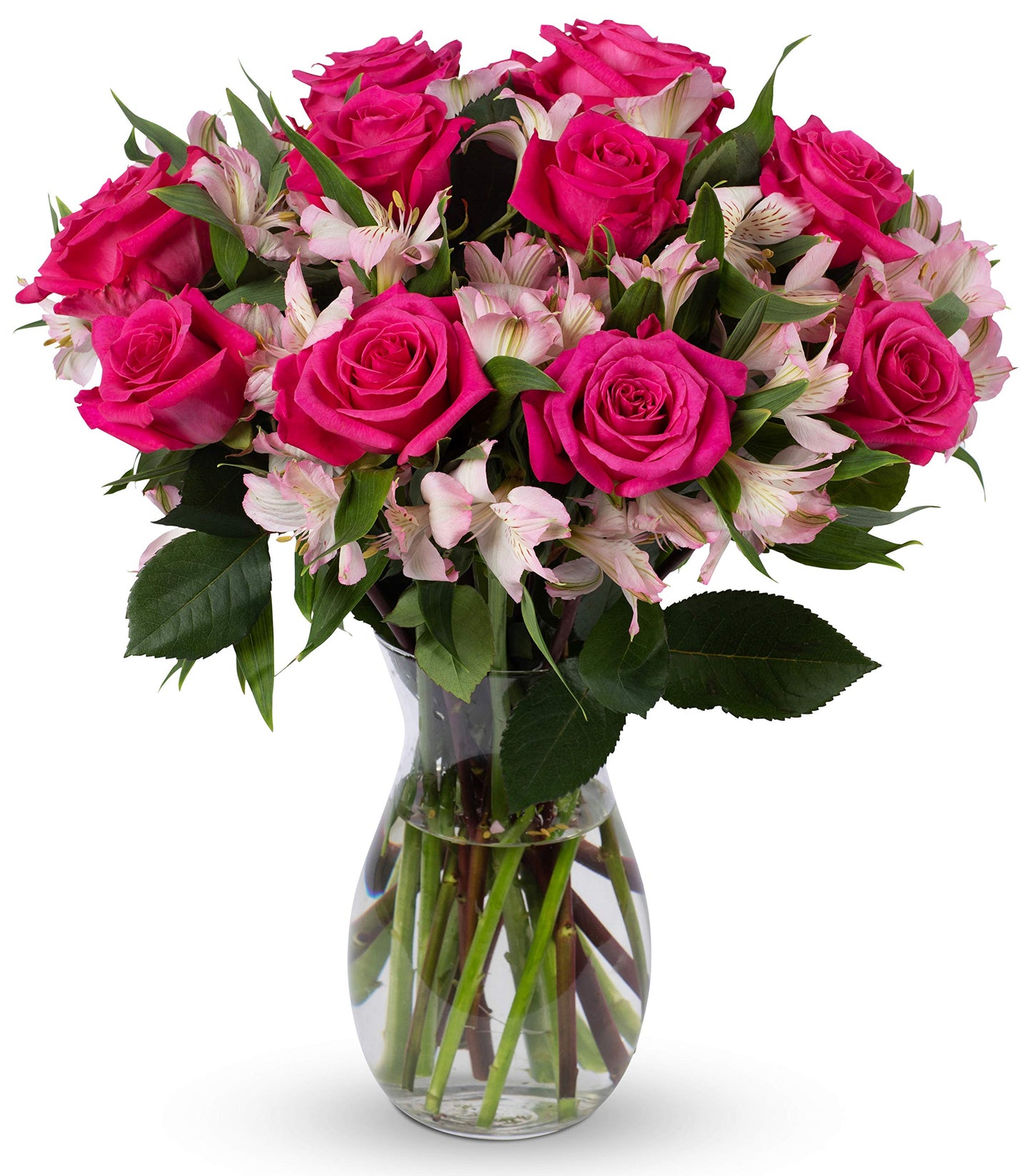 Charming bouquet of pink roses and alstroemeria in a glass vase, sourced from sustainable farms, perfect for any occasion.