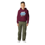 Terylo Youth Fleece Hoodie in burgundy worn by a boy, featuring custom design, perfect for school, play, and layering.